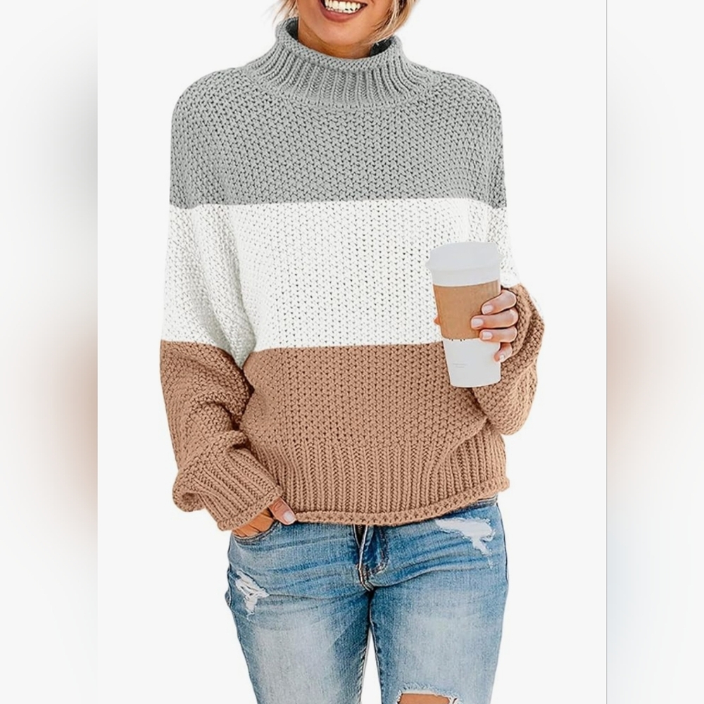 Chic Colorblock Knit Sweater - Gray, White, and Tan